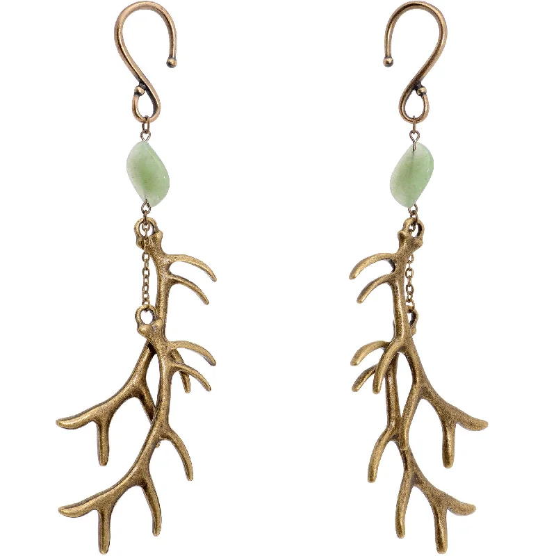 Women's Earrings – Elegant Designs for Every Personality--Handcrafted Antique Brass Plated Green Aventurine Antler Ear Weights