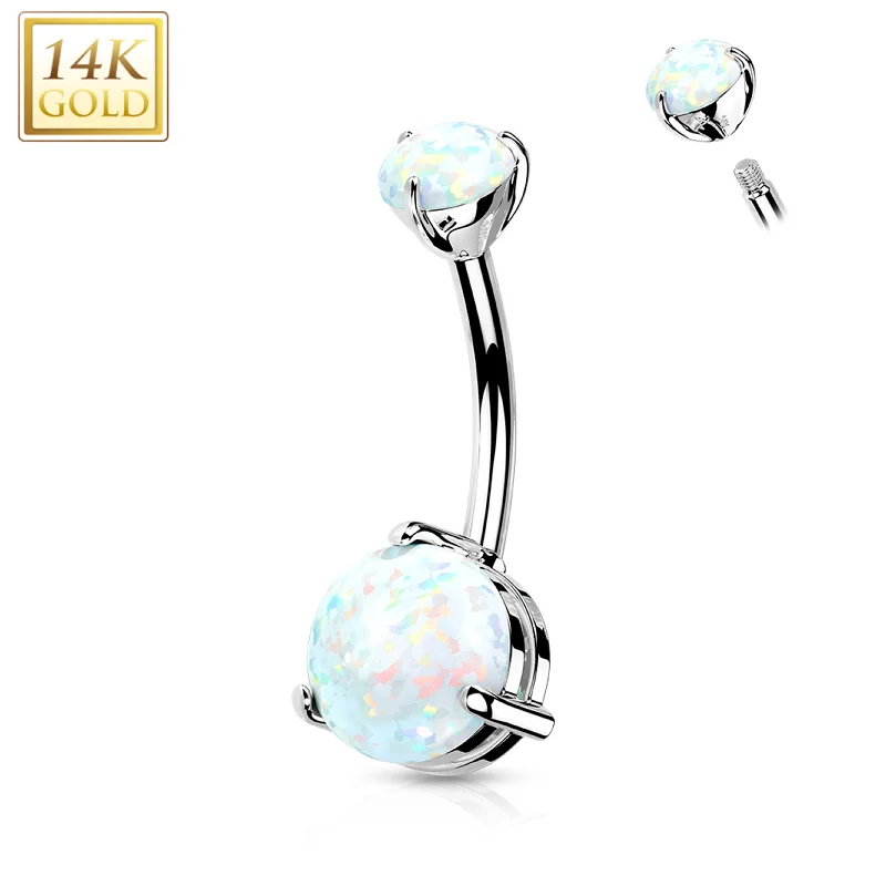 Unique Belly Rings for Bold Style -14kt Solid White Gold Double Prong Set Synthetic Opal Belly Ring Unique Belly Rings for Bold Style -14kt Solid White Gold Double Prong Set Synthetic Opal Belly Ring