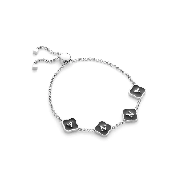 Sparkly Bangles for Women with Gemstones-Black Enamel Clover Custom Name Bracelet (Silver)