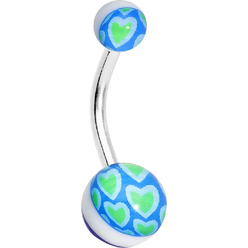 Comfortable Belly Rings for Fashion-Forward Women -Green Hearts on Blue Acrylic Hearts Belly Ring Comfortable Belly Rings for Fashion-Forward Women -Green Hearts on Blue Acrylic Hearts Belly Ring