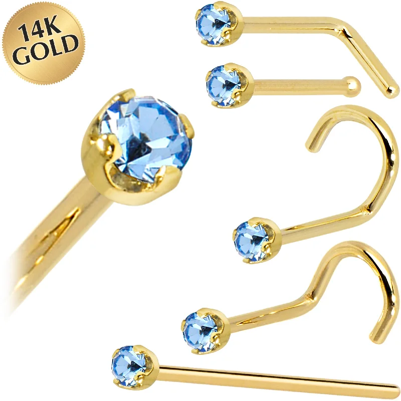 Plain Nose Rings -Solid 14KT Yellow Gold 2mm Light Blue Cubic Zirconia Nose Ring