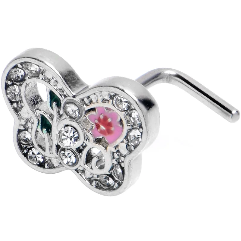 Nose Rings for Luxurious Look -20 Gauge 7mm Clear CZ Gem Floral Butterfly L Shape Nose Ring Nose Rings for Luxurious Look -20 Gauge 7mm Clear CZ Gem Floral Butterfly L Shape Nose Ring