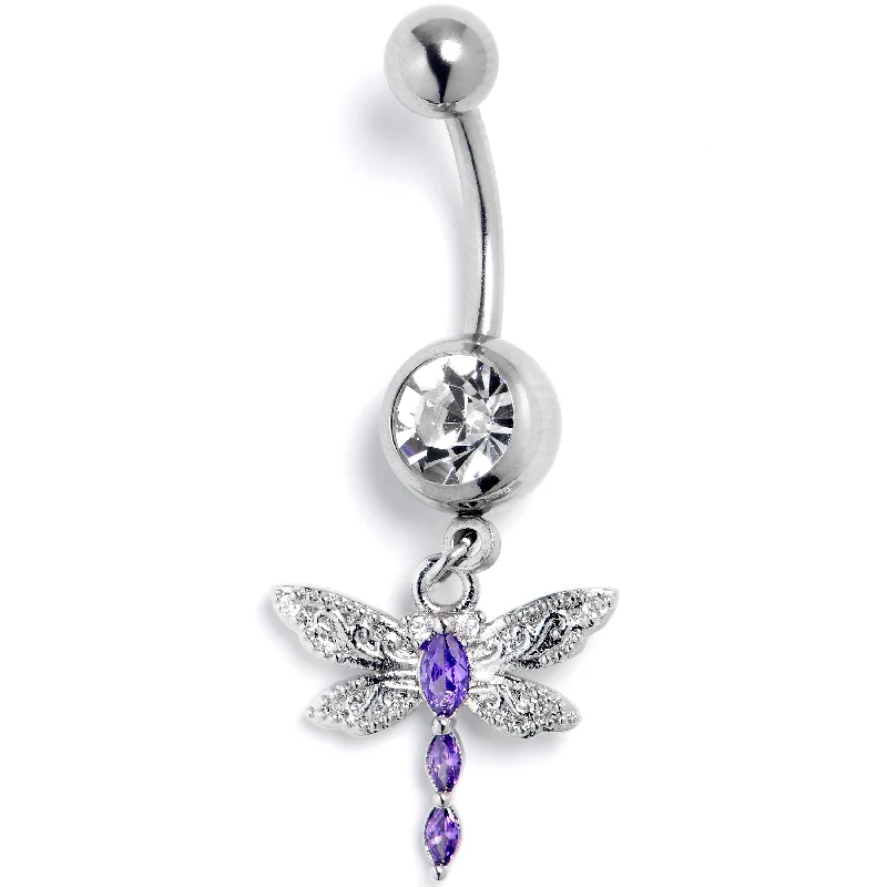 Sparkling Belly Rings for Beautiful Shine -Clear Purple Gem Texture Dragonfly Dangle Belly Ring Sparkling Belly Rings for Beautiful Shine -Clear Purple Gem Texture Dragonfly Dangle Belly Ring