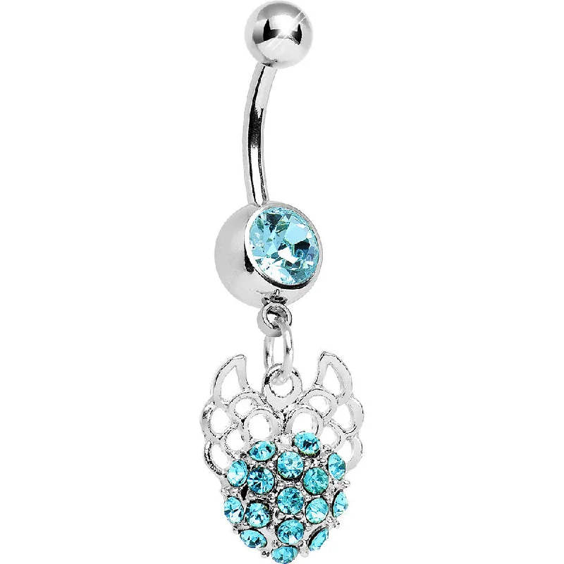 Belly Rings with Beautiful Stones for Stunning Fashion -Aqua Gem Paved Ball with Filigree Wings Dangle Belly Ring Belly Rings with Beautiful Stones for Stunning Fashion -Aqua Gem Paved Ball with Filigree Wings Dangle Belly Ring