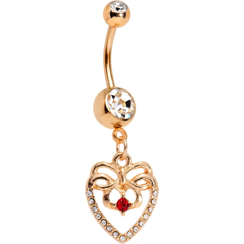 Comfortable Belly Rings for Exclusive Fashion -Clear Red CZ Gem Rose Gold Anodized Bow Heart Dangle Belly Ring Comfortable Belly Rings for Exclusive Fashion -Clear Red CZ Gem Rose Gold Anodized Bow Heart Dangle Belly Ring
