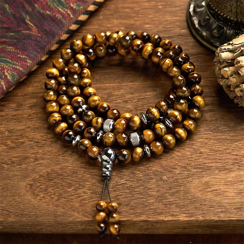 Men's Bracelets with Adjustable Straps-Buddha Stones 108 Mala Beads Natural Stone Tiger Eye Multi-turn Protection Bracelet Men's Bracelets with Adjustable Straps-Buddha Stones 108 Mala Beads Natural Stone Tiger Eye Multi-turn Protection Bracelet