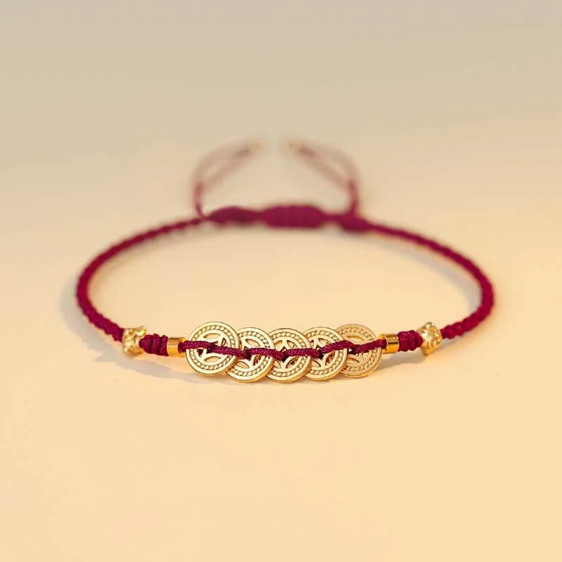 Silver Beaded Bangles for Women-Buddha Stones Copper Coin Fortune Tree Luck Strength Braided Bracelet