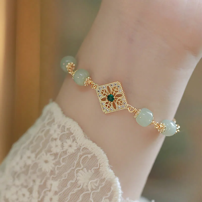 Traditional Bangles for Women-Buddha Stones Natural Hetian Jade Bead Square Pattern Luck Chain Bracelet