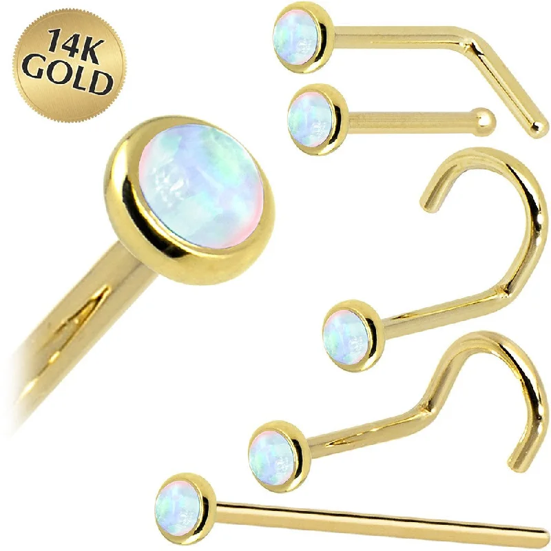 Bridal Nose Rings -Solid 14KT Yellow Gold (October) 2mm Synthetic Opal Nose Ring