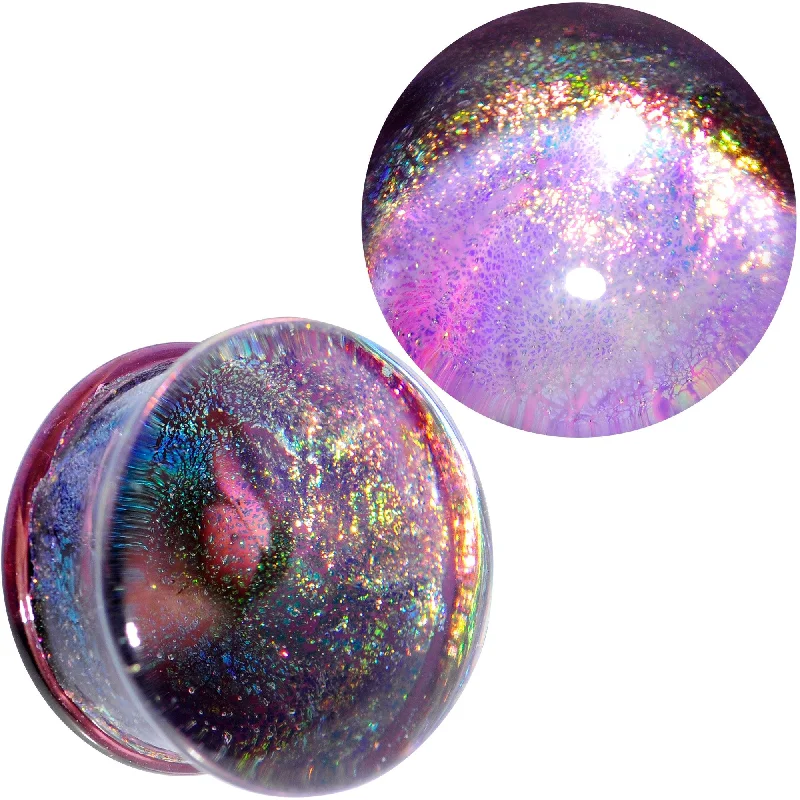 Women's Earrings – Elegant Designs for Every Personality--3/4 Purple Dichroic Glass Mystic Rainbow Galaxy Double Flare Plug Set