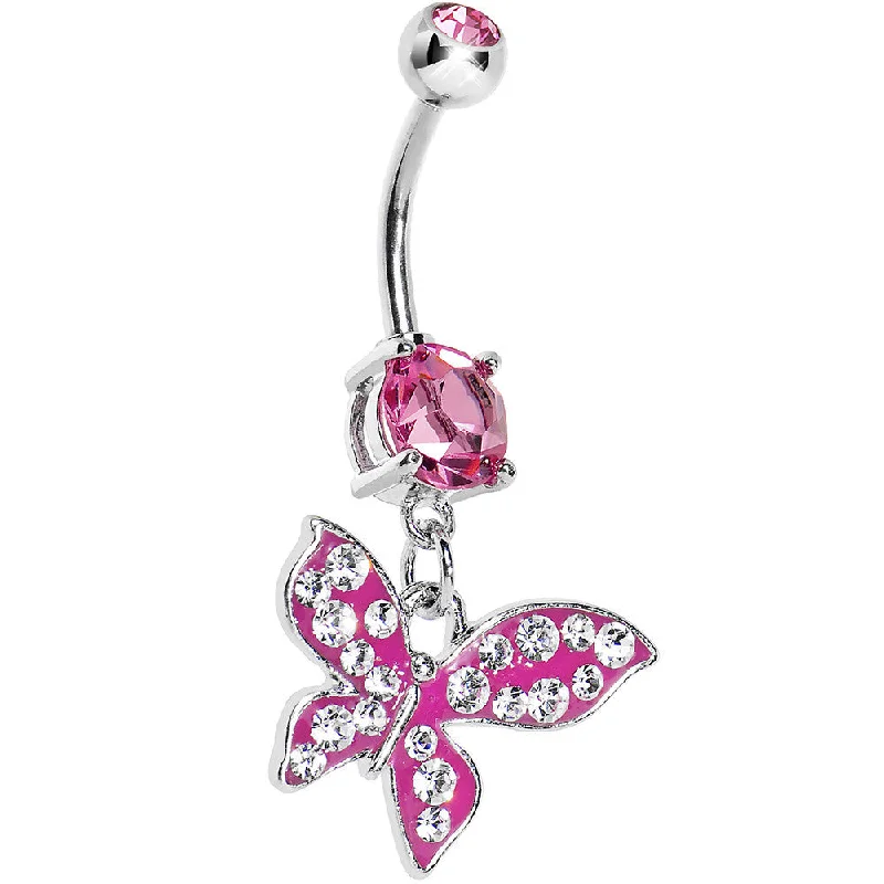 Beautiful Belly Rings with Dazzling Stones -Pink Gem Paved Flyaway Butterfly Belly Ring