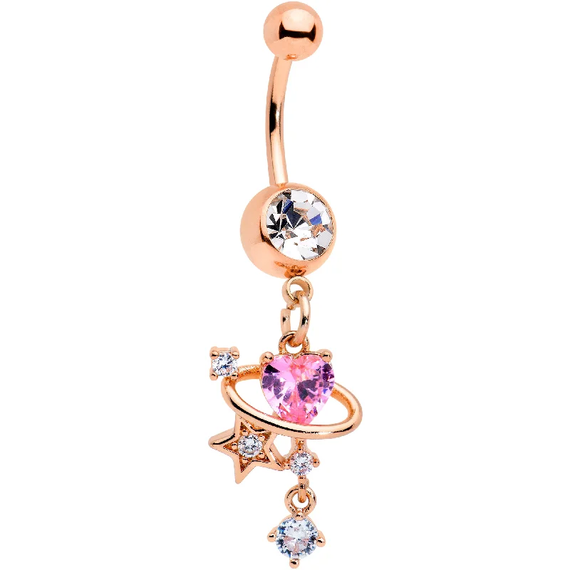 Belly Rings with Beautiful Detailing for Bold Style -Clear Pink Gem Rose Gold Tone Star Heart Dangle Belly Ring Belly Rings with Beautiful Detailing for Bold Style -Clear Pink Gem Rose Gold Tone Star Heart Dangle Belly Ring