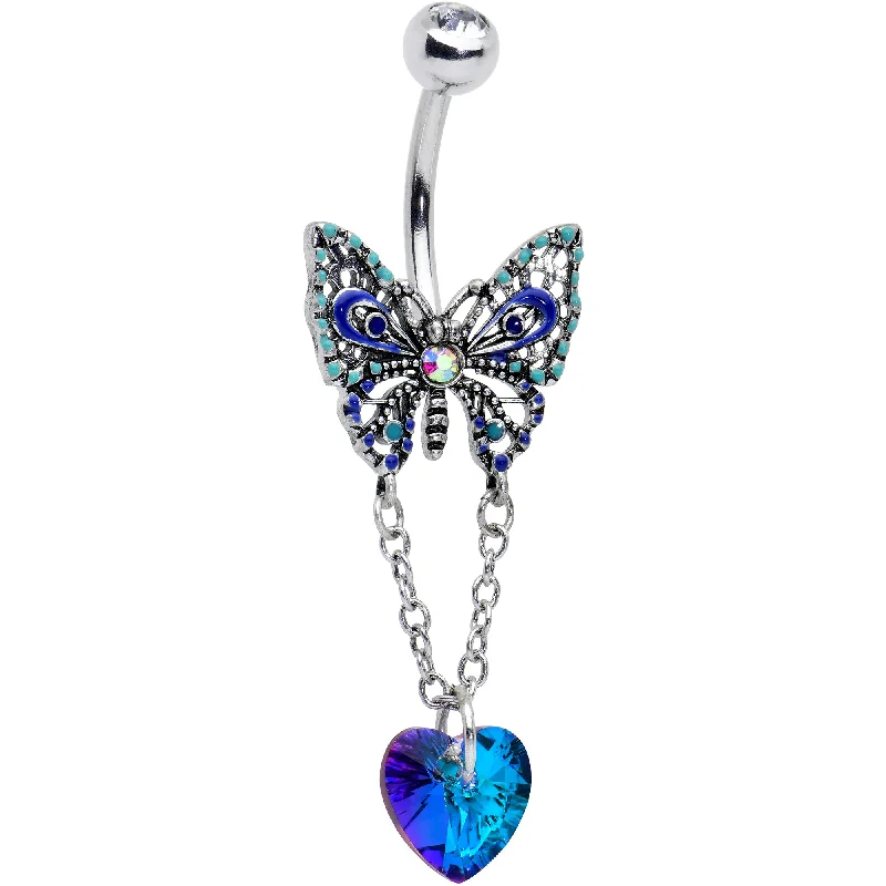 Belly Rings with Shiny Stones for Extra Glam -Blue Gem Heart Colorful Butterfly Chain Dangle Belly Ring Belly Rings with Shiny Stones for Extra Glam -Blue Gem Heart Colorful Butterfly Chain Dangle Belly Ring