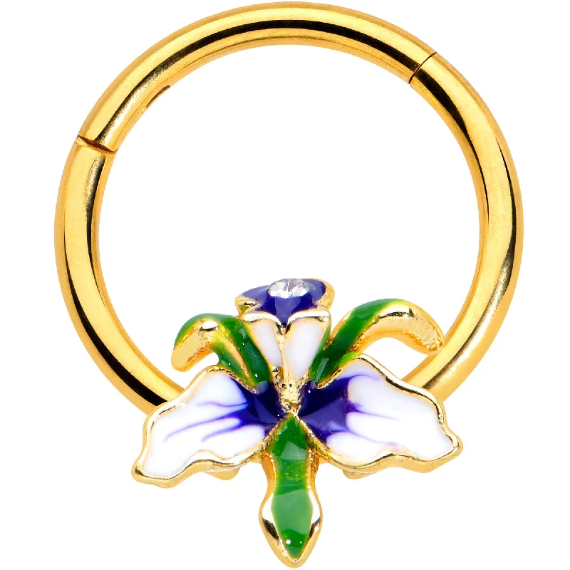 Timeless and Beautiful Nose Rings -16 Gauge 3/8 Clear Gem Gold Tone Iris Flower Hinged Segment Ring Timeless and Beautiful Nose Rings -16 Gauge 3/8 Clear Gem Gold Tone Iris Flower Hinged Segment Ring
