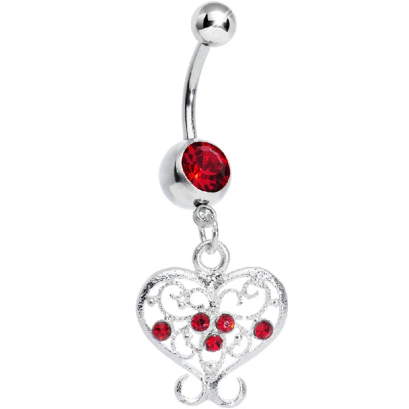 Beautiful Belly Rings for Elegant Looks -Red Gem Opulent Scrolled Heart Dangle Belly Ring