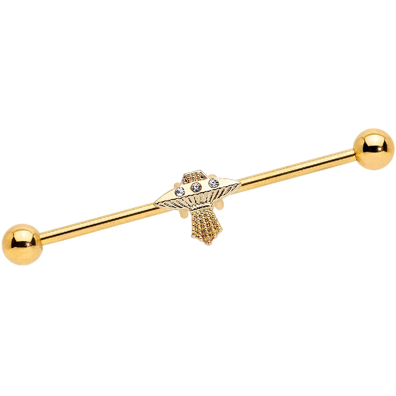 Women's Earrings – Elegant Designs for Every Personality--14 Gauge Clear Gem Gold Tone Alien UFO Beam Industrial Barbell 38mm