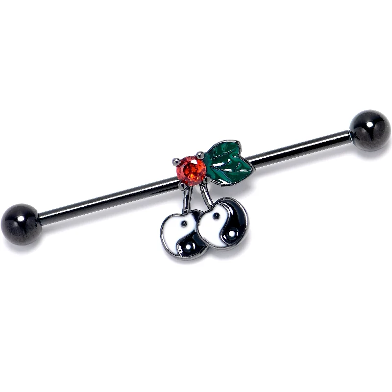 Women's Earrings – Elegant Designs for Every Personality--14 Gauge Red CZ Gem Black Yin Yang Cherry Industrial Barbell 38mm