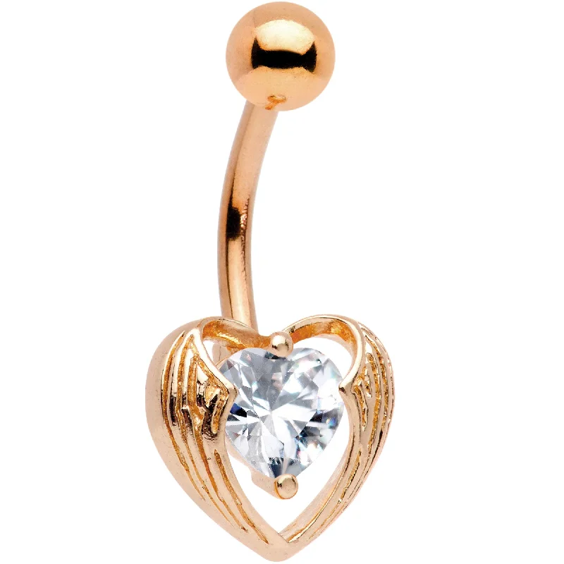 Belly Rings for Bold Looks -Clear CZ Gem Rose Gold Plated Hugged Heart Belly Ring