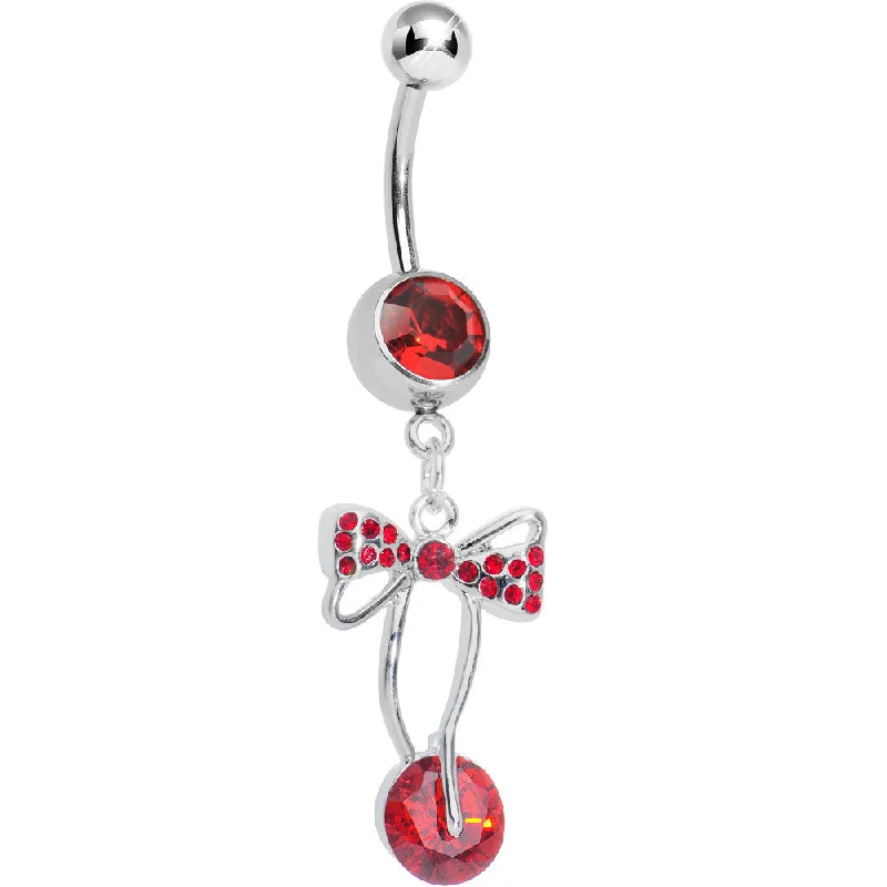Classic Silver Belly Rings for Sleek Fashion -Red Cubic Zirconia Drop Sweetness Wrapped in a Bow Dangle Belly Ring Classic Silver Belly Rings for Sleek Fashion -Red Cubic Zirconia Drop Sweetness Wrapped in a Bow Dangle Belly Ring