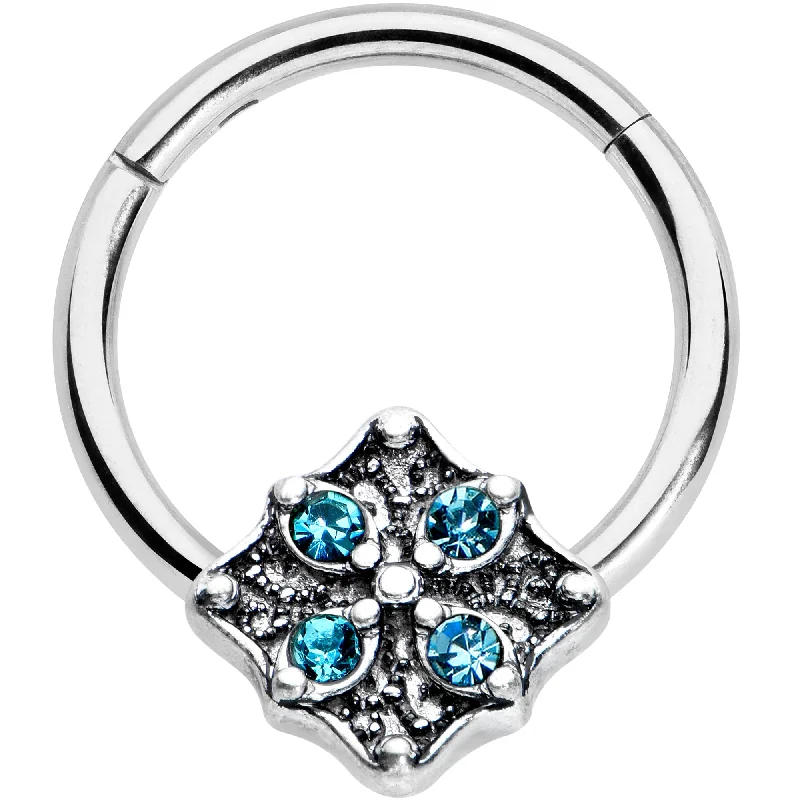 Designer Nose Rings with Precious Stones -16 Gauge 3/8 Blue Gem Floral Rhombus Baroque Hinged Segment Ring Designer Nose Rings with Precious Stones -16 Gauge 3/8 Blue Gem Floral Rhombus Baroque Hinged Segment Ring