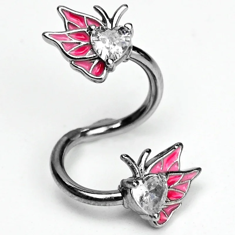Belly Rings with Unique Stone Patterns -Clear Gem Butterflies Pink Spiral Twister Belly Ring Belly Rings with Unique Stone Patterns -Clear Gem Butterflies Pink Spiral Twister Belly Ring