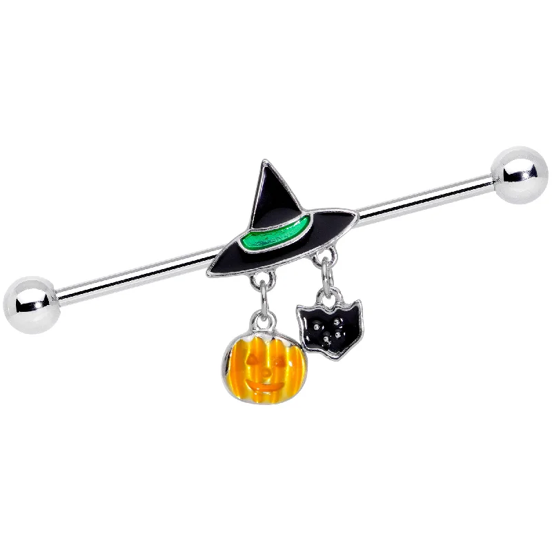 Women's Earrings – Elegant Designs for Every Personality--14 Gauge Black Cat Witch Hat Halloween Dangle Industrial Barbell 38mm