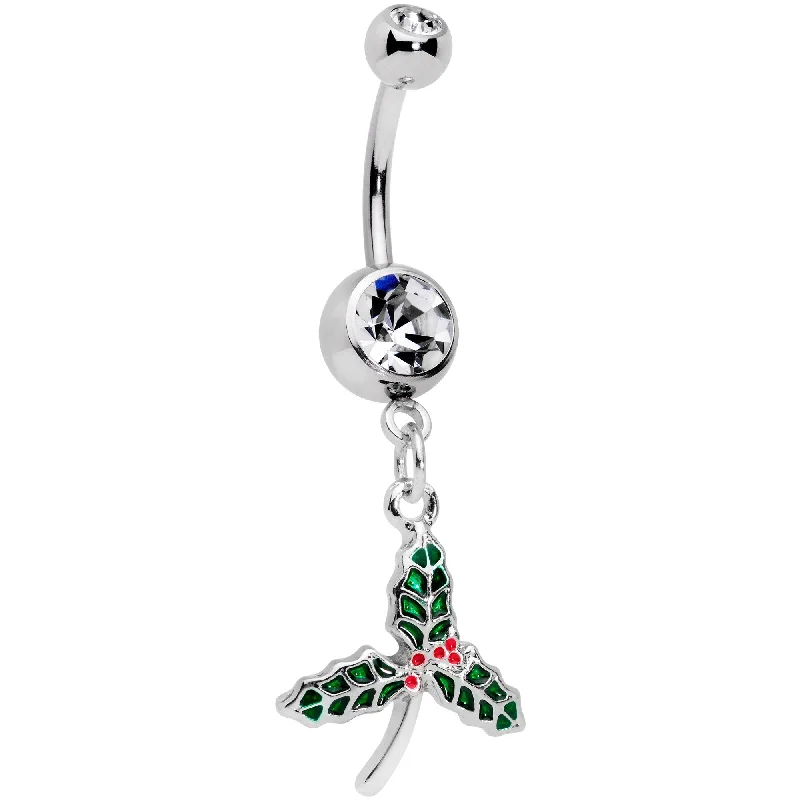 Designer Belly Rings with Polished Design -Clear Gem Red Green Kiss Me Under The Mistletoe Dangle Belly Ring Designer Belly Rings with Polished Design -Clear Gem Red Green Kiss Me Under The Mistletoe Dangle Belly Ring