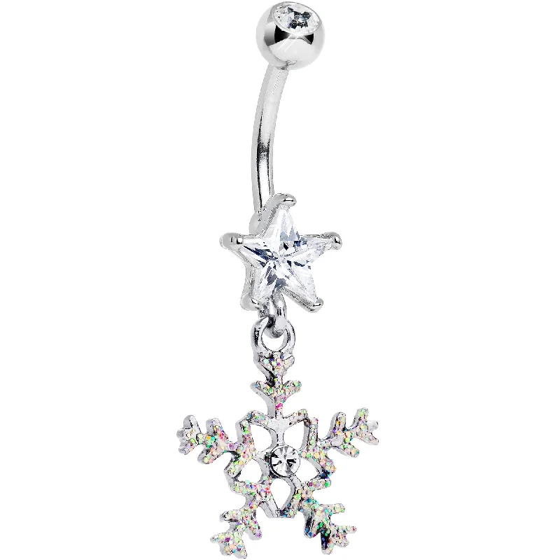 Sparkling Belly Rings with Gemstone Detailing -Clear Gem Iridescent Secret Snowflake Dangle Belly Ring Sparkling Belly Rings with Gemstone Detailing -Clear Gem Iridescent Secret Snowflake Dangle Belly Ring