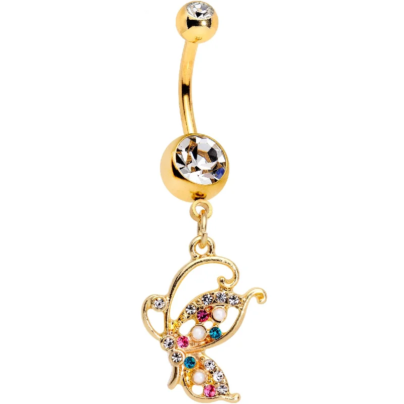 Unique Belly Rings with Creative Details -Clear Gem Gold PVD Fluttering Butterfly Dangle Belly Ring Unique Belly Rings with Creative Details -Clear Gem Gold PVD Fluttering Butterfly Dangle Belly Ring