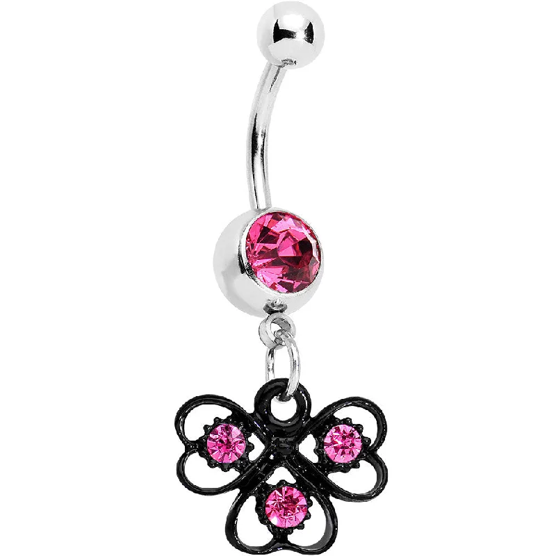 Stylish Belly Rings for Chic and Modern Fashion -Pink Czech Stone Black Swirl Trio of Love Dangle Belly Ring Stylish Belly Rings for Chic and Modern Fashion -Pink Czech Stone Black Swirl Trio of Love Dangle Belly Ring