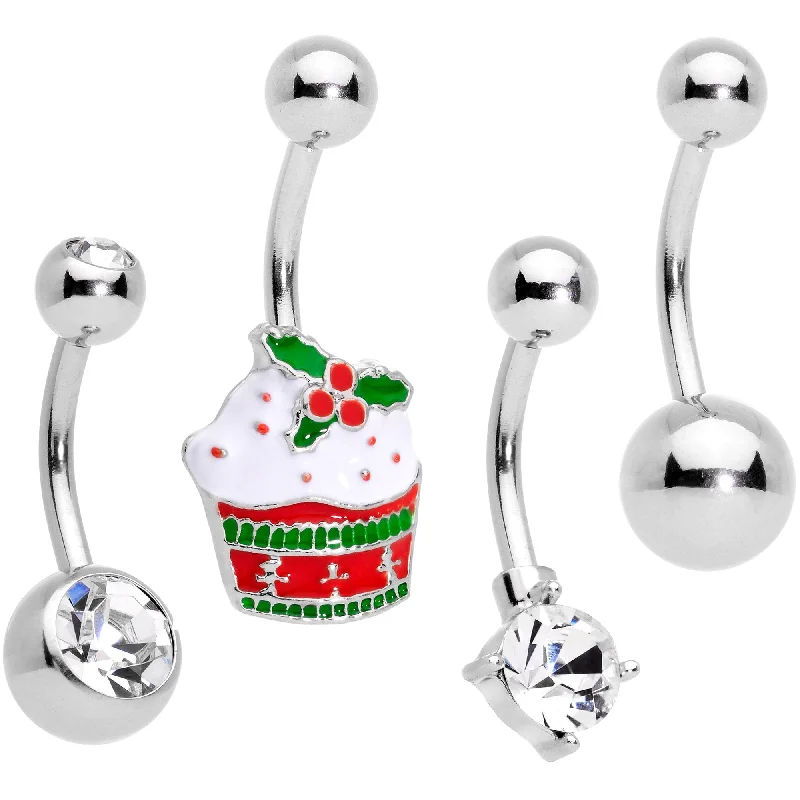 Unique Belly Rings with Beautiful Accents -Clear Gem Red Holiday Cupcake Belly Ring Set of 4 Unique Belly Rings with Beautiful Accents -Clear Gem Red Holiday Cupcake Belly Ring Set of 4