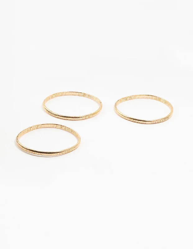 Silver Bangles with Charm Settings for Women-Gold Fine Ribbed Bracelets 3-Pack