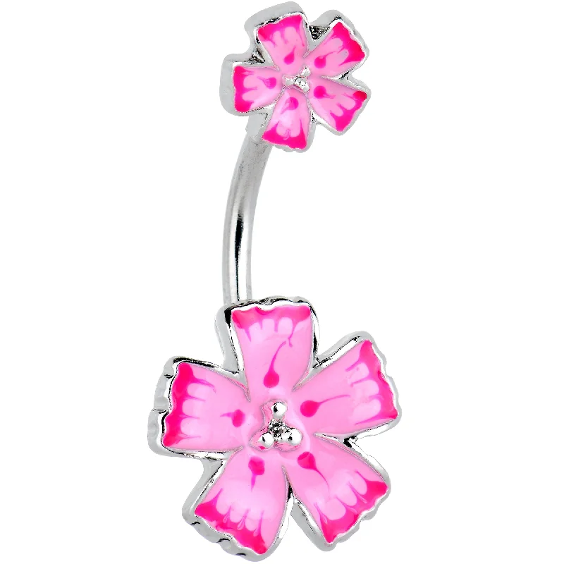 Trendy Belly Rings for Fashion-Loving Women -Pink Flower Textured Center Double Mount Belly Ring Trendy Belly Rings for Fashion-Loving Women -Pink Flower Textured Center Double Mount Belly Ring
