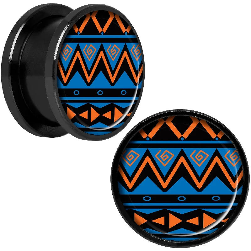 Women's Earrings – Elegant Designs for Every Personality--Blue Orange Tribal Print Black Anodized Screw Fit Plug Set 5/8