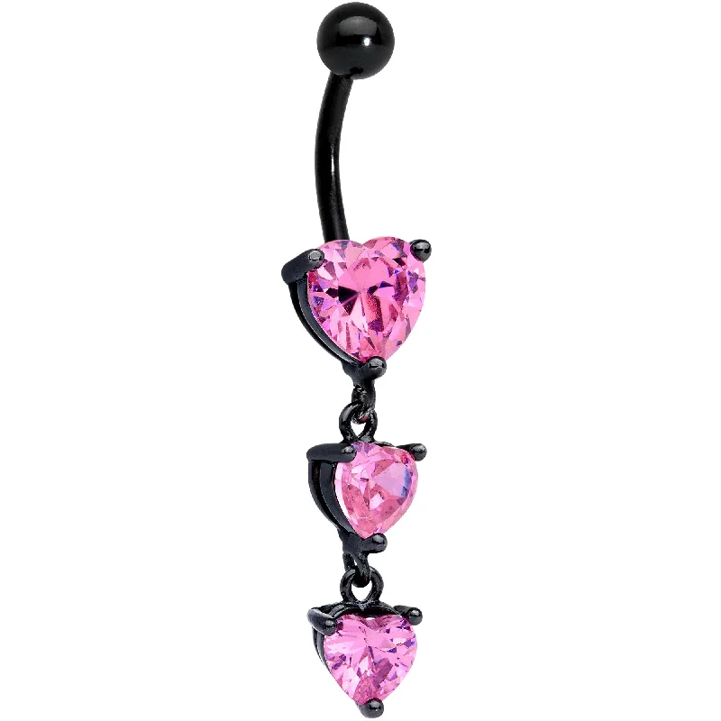 Belly Rings with Beautiful Detailing for Chic Style -Pink CZ Gem Black Triple Heart Dangle Belly Ring Belly Rings with Beautiful Detailing for Chic Style -Pink CZ Gem Black Triple Heart Dangle Belly Ring