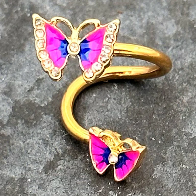 Comfortable Belly Rings with Vibrant Shine -Clear Gem Gold Tone Butterfly Pink Blue Spiral Twister Belly Ring