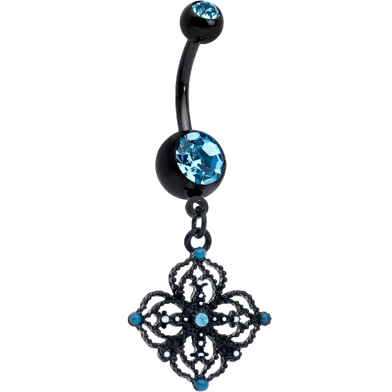Unique Belly Rings with Personalized Features -Blue Gem Black Lacy Rhombus Dangle Belly Ring Unique Belly Rings with Personalized Features -Blue Gem Black Lacy Rhombus Dangle Belly Ring