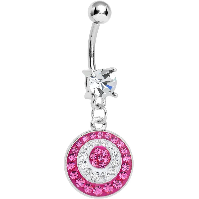 Designer Belly Rings with Artistic Features -Crystalline Pink Gem Paved Glittering Circles Dangle Belly Ring Designer Belly Rings with Artistic Features -Crystalline Pink Gem Paved Glittering Circles Dangle Belly Ring