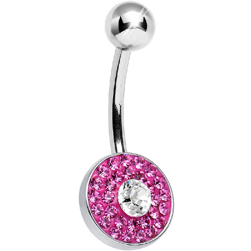 Elegant Belly Rings for Fashion-Forward Looks -Pink Gem Medallion with Round Clear Gem Core Belly Ring Elegant Belly Rings for Fashion-Forward Looks -Pink Gem Medallion with Round Clear Gem Core Belly Ring