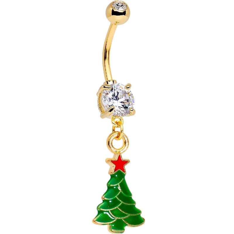 Classic Silver Belly Rings for Sleek Fashion -Clear Gem Gold Tone Anodized Christmas Tree Star Dangle Belly Ring Classic Silver Belly Rings for Sleek Fashion -Clear Gem Gold Tone Anodized Christmas Tree Star Dangle Belly Ring