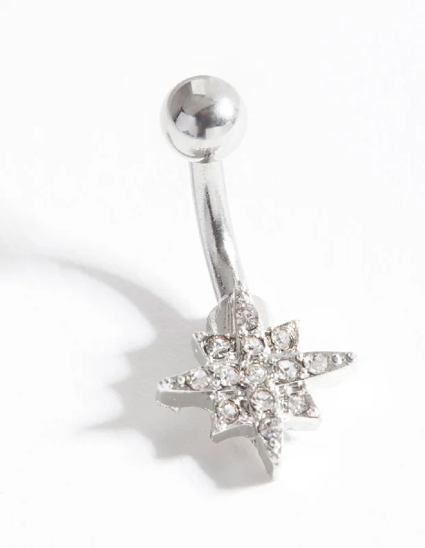 Trendy Belly Rings for Glamorous Fashion -Silver Starburst Surgical Steel Belly Bar
