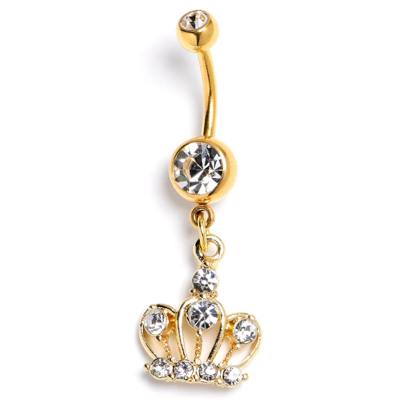 Comfortable Belly Rings for Long Wear -Clear Gem Gold Tone Epic Crown Dangle Belly Ring Comfortable Belly Rings for Long Wear -Clear Gem Gold Tone Epic Crown Dangle Belly Ring