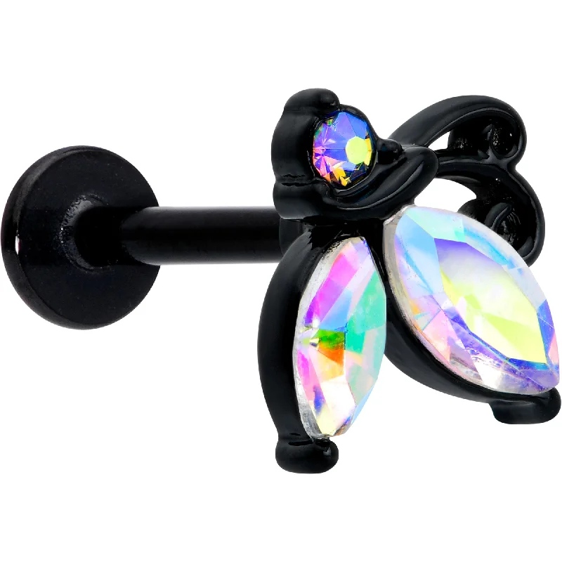 Women's Earrings – Elegant Designs for Every Personality--16 Gauge 5/16 Aurora CZ Gem Black Fleur de Lis Butterfly Labret Monroe Tragus