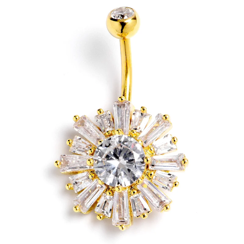 Comfortable Belly Rings for Everyday Wear -Clear CZ Gem Gold Tone Sunny Burst Belly Ring Comfortable Belly Rings for Everyday Wear -Clear CZ Gem Gold Tone Sunny Burst Belly Ring