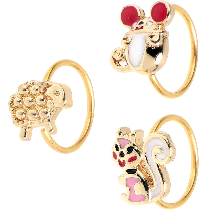 Designer Nose Rings with Timeless Designs -20 Gauge 5/16 Gold Tone Pretty Critters Nose Hoop Set of 3 Designer Nose Rings with Timeless Designs -20 Gauge 5/16 Gold Tone Pretty Critters Nose Hoop Set of 3
