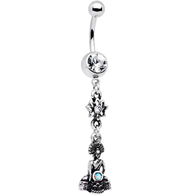Stylish Belly Rings with Subtle Beauty -White Synthetic Opal Buddha and Lotus Flower Dangle Belly Ring Stylish Belly Rings with Subtle Beauty -White Synthetic Opal Buddha and Lotus Flower Dangle Belly Ring