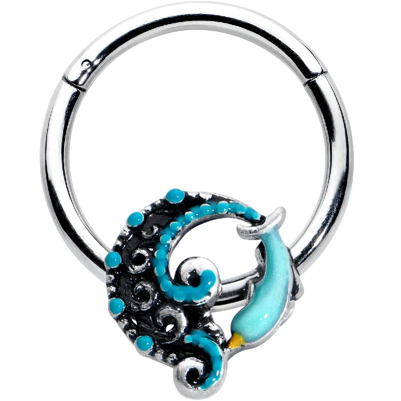 Trendy Silver Nose Rings -16 Gauge 3/8 Leaping Blue Dolphin Hinged Segment Ring