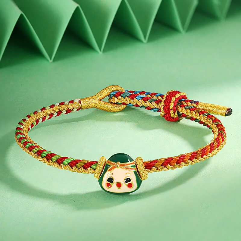 Gold Plated Bangle Sets for Women-Buddha Stones Cute Zongzi Pattern Luck Colorful Handcrafted Eight Thread Peace Knot Bracelet