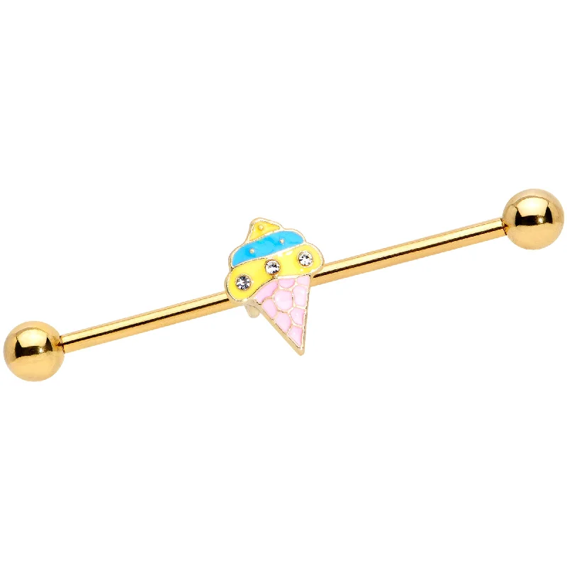 Women's Earrings – Elegant Designs for Every Personality--14 Gauge Clear Gem Gold Tone Ice Cream Cone Industrial Barbell 38mm