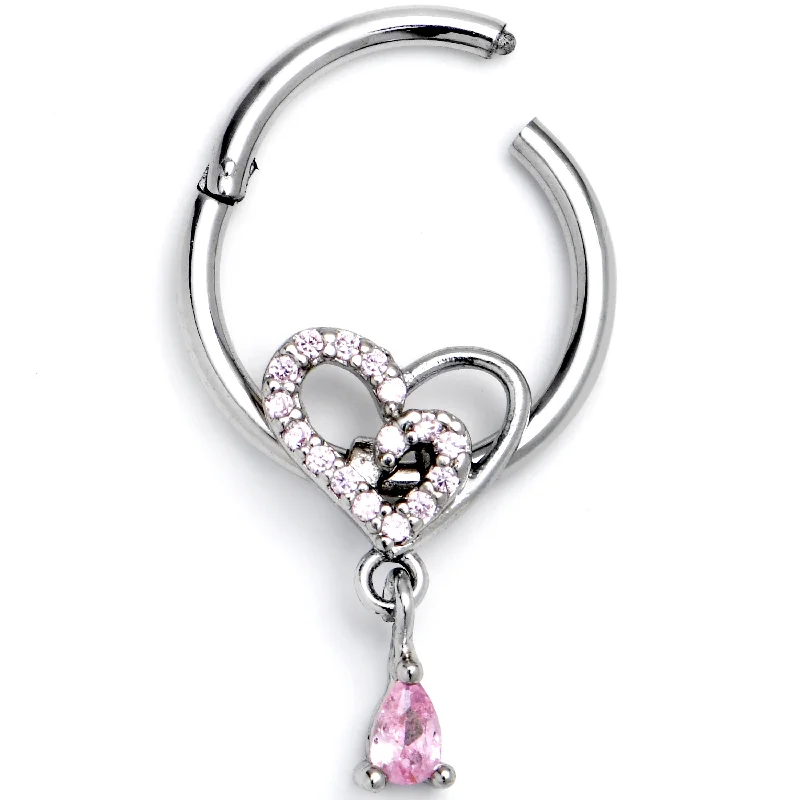 Women's Earrings – Elegant Designs for Every Personality--16 Gauge 3/8 Pink CZ Gem Asymmetrical Heart Dangle Hinged Segment Ring